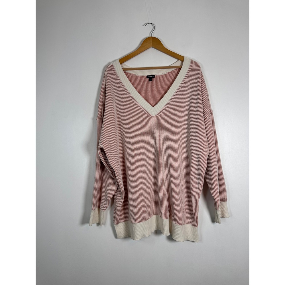 Torrid Women 3 3X Chenille V-Neck Sweater Pink White Striped Ribbed Pullover